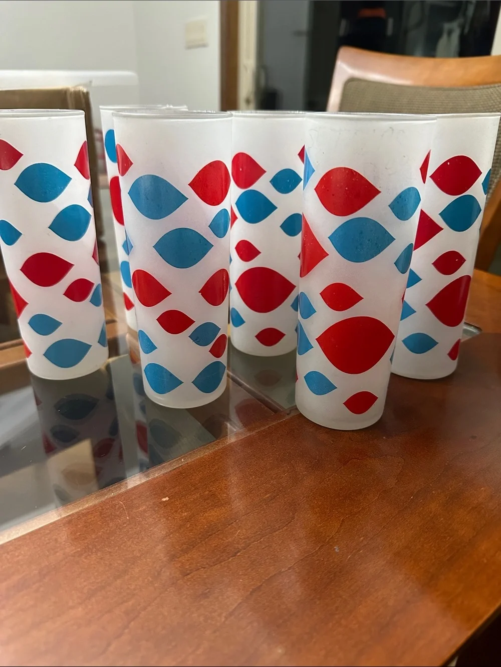 Retro Frosted Highball Glasses with Red & Blue Dot Pattern - Set of 6 - Picture 1 of 7